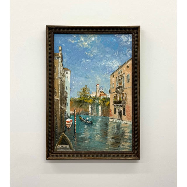 Traditional Vintage Signed Canal Cityscape Oil Painting on Canvas For Sale - Image 3 of 7