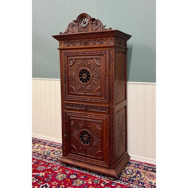 Beautifully Carved Antique French Oak Breton Double Door Armoire Bonnetiere, Linen Cabinet, Bookcase with Drawer~~c. 1900...