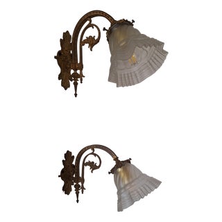 Antique German Wall Lamps with Brass Frame and Glass Shade, 1890s, Set of 2 For Sale