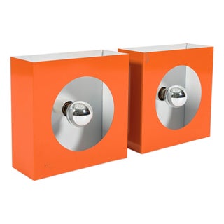 Vintage Mid Century Modern Attributed to Disderot Orange Metal Wall Light Sconces For Sale