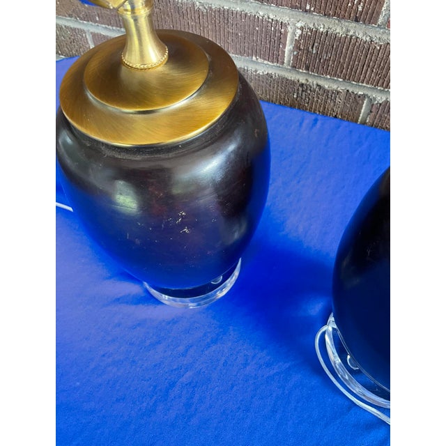 Metal Early 20th Century Pair Antique Japanese Bronze Vase Lamps With Lucite Bases For Sale - Image 7 of 10