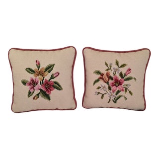 Vintage 1960s Botanical Floral Needlepoint Pillows- a Pair For Sale