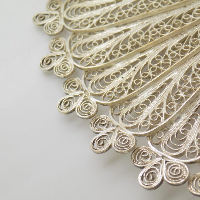 Metal Vintage Italian Handmade Genuine Silver Large & Rare Filigree Fan Figurine Sculpture For Sale - Image 7 of 9