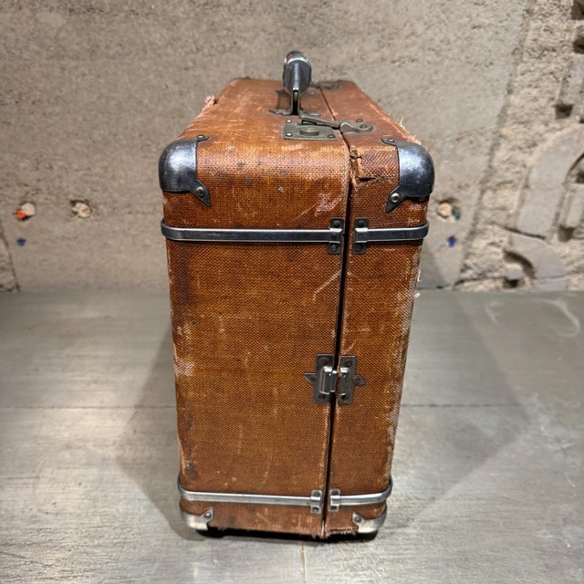 Weathered Brown Vintage Suitcase With Metallic Latches Industrial For Sale - Image 10 of 16