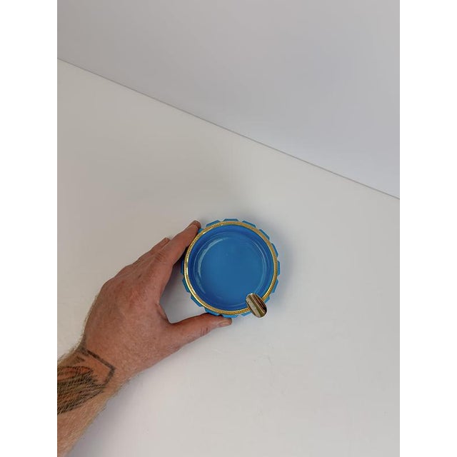 Metal Faceted Turquoise Opaline Glass Ashtray with Gilt Brass Rim, Italy, 1950s For Sale - Image 7 of 10