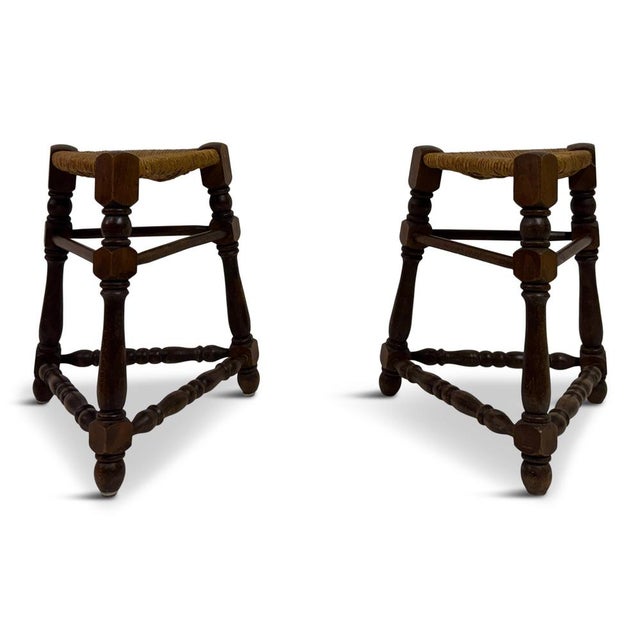 Oak and Rush Stools, 1970s, Set of 2 For Sale - Image 12 of 12