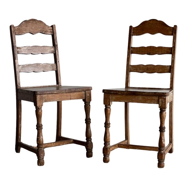 Antique Ladderback Scalloped Dining Chairs, Pair For Sale