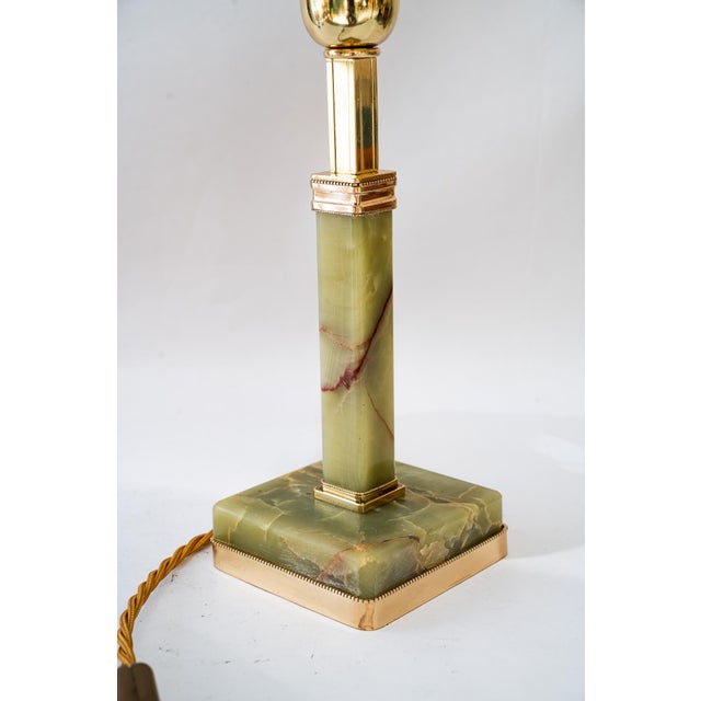 Art Deco Jade Table Lamp with Brass and Fabric Shade, 1920s For Sale - Image 4 of 18
