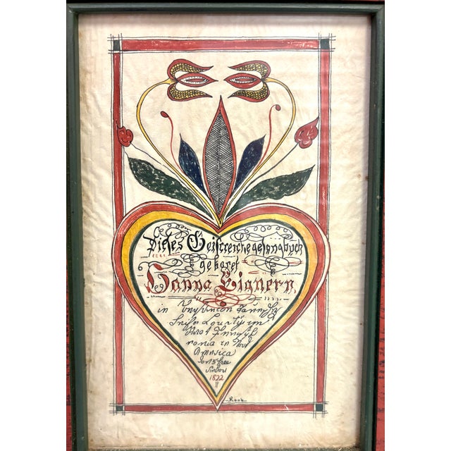 Colorful Pennsylvania German folk art watercolor and ink painting by American artist Joan Raab, featuring a large heart...