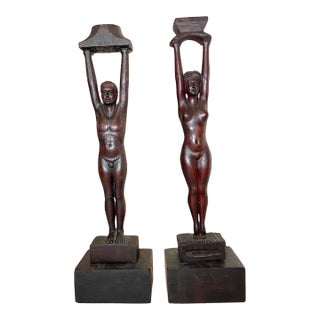 Pair of Antique Carved Newcombe Wood Nude Lady Man Sculpture Candlestick Statue For Sale