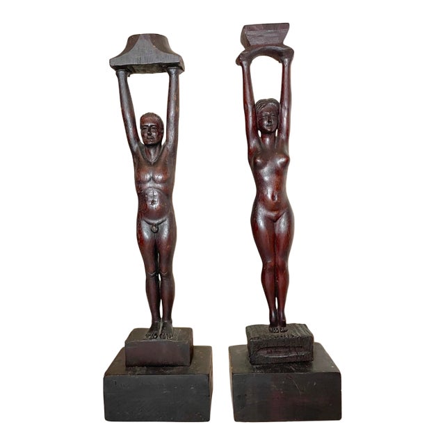 Pair of Antique Carved Newcombe Wood Nude Lady Man Sculpture Candlestick Statue For Sale