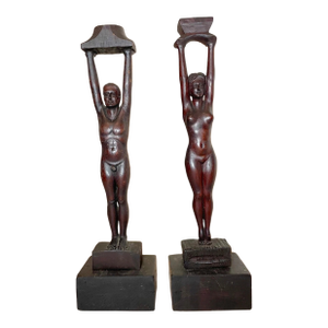 Pair of Antique Carved Newcombe Wood Nude Lady Man Sculpture Candlestick Statue