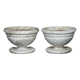 Pair of Italian Carved Marble Neoclassical Urns with Lotus Motif For Sale