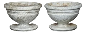 Pair of Italian Carved Marble Neoclassical Urns with Lotus Motif