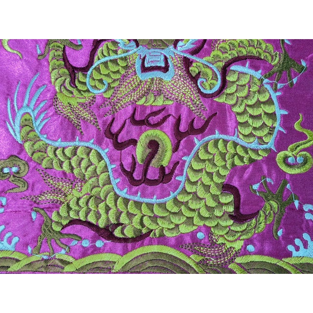 Textile Asian Square Magenta Golden Dragon Bats Blossom Flower Fabric Display Art For Sale - Image 7 of 9