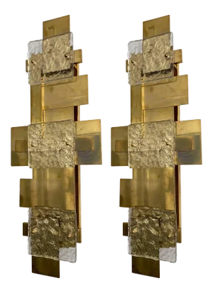 Contemporary Brass Sconces Geometrical Murano Glass, Italy - a Pair
