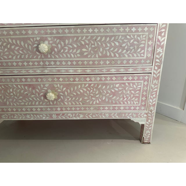 Vintage bone-inlay chest of drawers in fabulous delicate pink. Real bone carved knobs. Please look at variety of pictures...