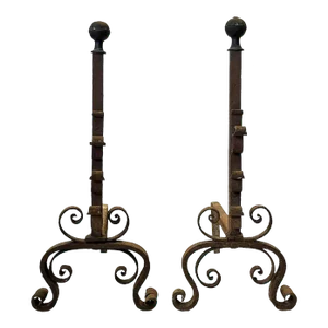 Early 1900's Mizner Hand Forged Wrought Iron Andirons- a Pair