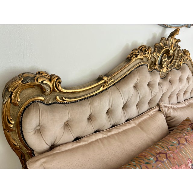 Rococo Vintage Italian Carved Painted Bed Frame Tufted Headboard Footboard Rails For Sale - Image 3 of 17