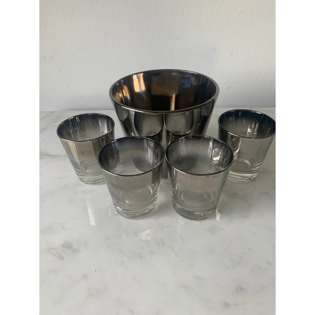 MidCentury Modern Vitreon Queens Silver Lusterware Old Fashioned Glasses & Ice Bucket Cocktail
