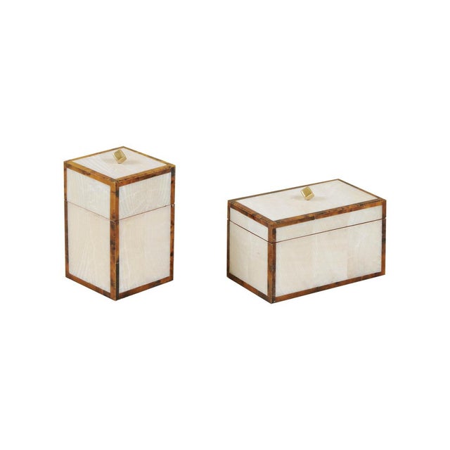 Set of Two Fossil Clam Stone Inlaid Boxes with Tiger Penshell and Satina Brass Accents