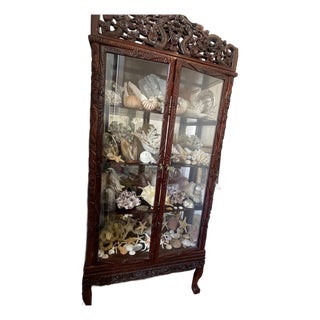 1900-1909 Great Seaworld Sea Shells Specimens Collection in Chinese Chinoiserie Rosewood Carved Vitrine For Sale