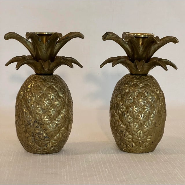 Vintage Boho Chic Brass Pineapple Candlestick Holders - A Pair For Sale - Image 10 of 11