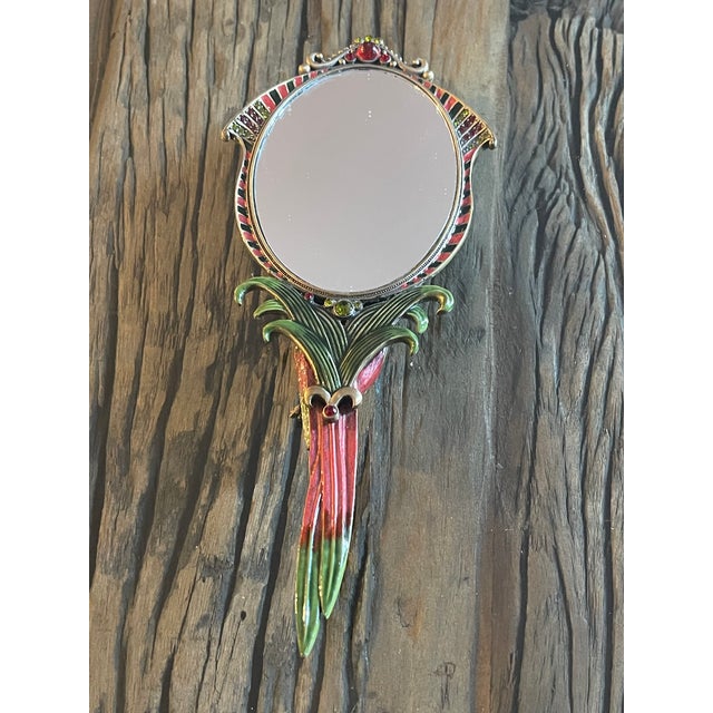 Shabby Chic Antque Cloisonné Jay Strongwater Style Hand Mirror With Partrot For Sale - Image 3 of 7