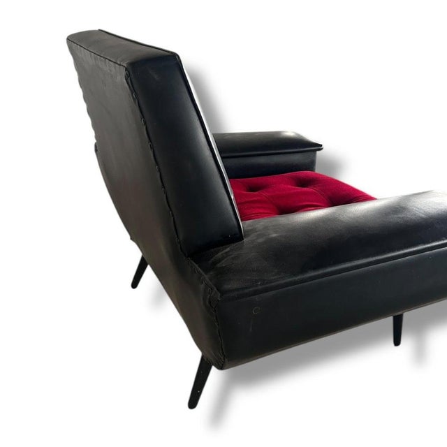 1950s Mid-Century Modern Black Vinyl Chair with Red Seat Cushion, 1950s For Sale - Image 5 of 7