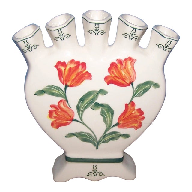 Vintage Delft Green Handpainted Tulip 5 Finger Vase For Sale