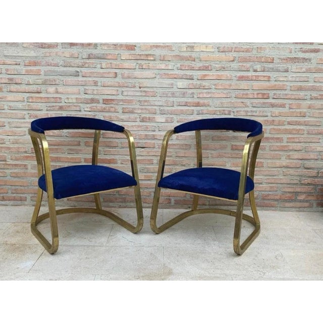 1940s Set of Mid-Century French Gold Brass Armchairs with Blue Velvet Upholstery, 1940s For Sale - Image 5 of 12
