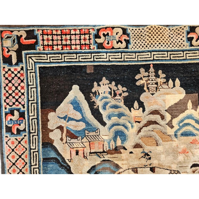 Cream Antique Ningxia Pictorial Rug, Wool Pile, Scenic Landscape, Western China, 1890s For Sale - Image 8 of 12
