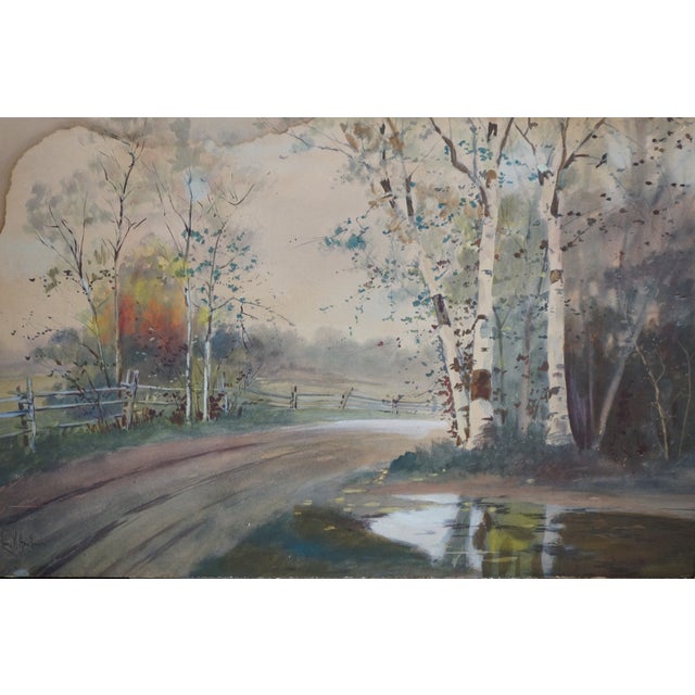 Antique Louis Kinney Harlow Autumn Birch Trees Landscape Watercolor Painting 20" For Sale - Image 6 of 11