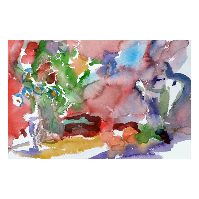 Abstracted still life of a vase of red flowers and fruit blending into an abstract expressionist watercolor composition by...