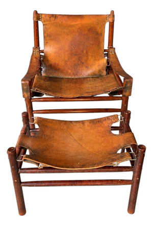 Set of Leather Safari Lounge Chair and Ottoman in the style of Arne Norell, 1970s