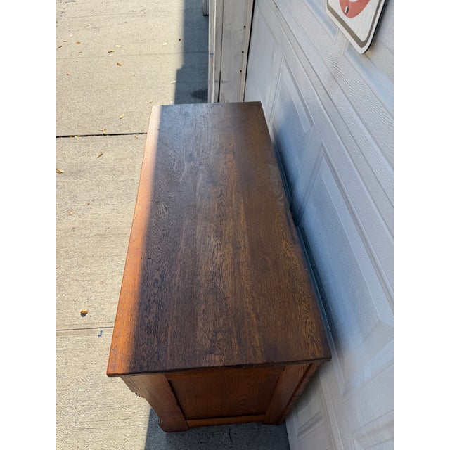 Antique Victorian Eastlake Oak Three-Drawer Chest With Incised Detail and Brass Hardware For Sale - Image 4 of 12