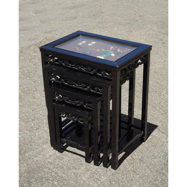 Vintage Oriental Asian Black Nesting Tables W Decorative Table Tops ~ Set of Four For Sale - Image 11 of 13
