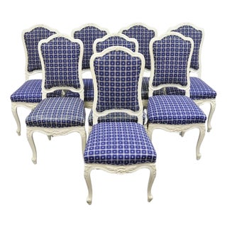 Vintage French Country Style White Painted Carved Wood Dining Chairs - Set of 8 For Sale