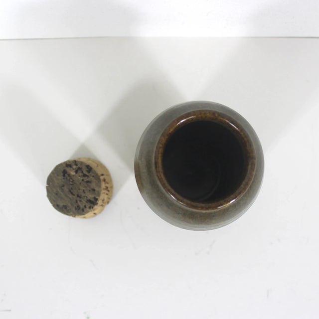 Mid 20th Century Vintage Earth Tone Handmade Boho Signed Studio Pottery Jar or Pot With Cork Lid Ceramic Canister For Sale - Image 5 of 10