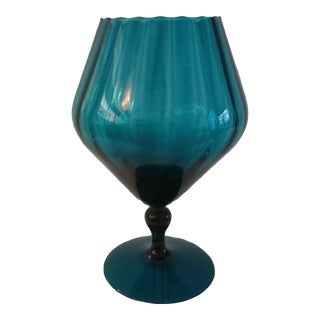Mid-Century Italian Empoli Turquoise Optic Glass Footed Accent Bowl For Sale