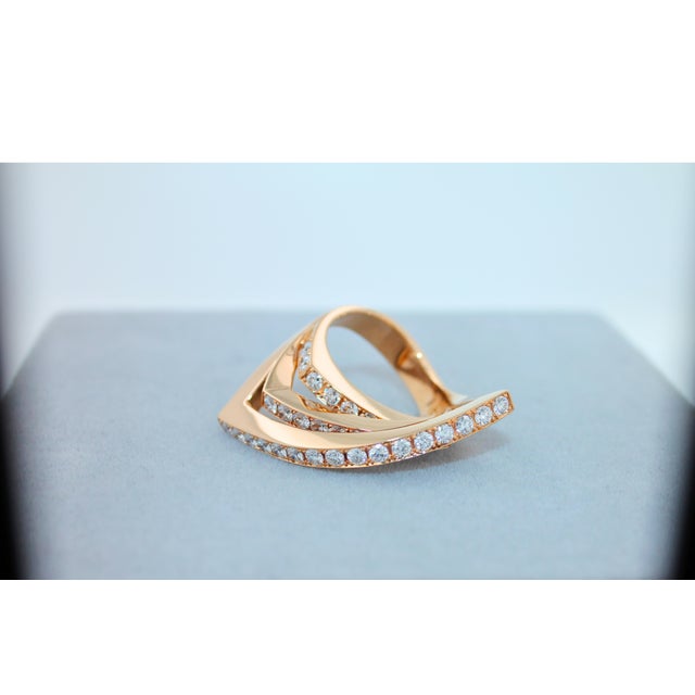 Diamond Channel Set Line Geometric Wave Unique Statement 18 Karat Rose Gold Ring, Size 7 For Sale - Image 18 of 18