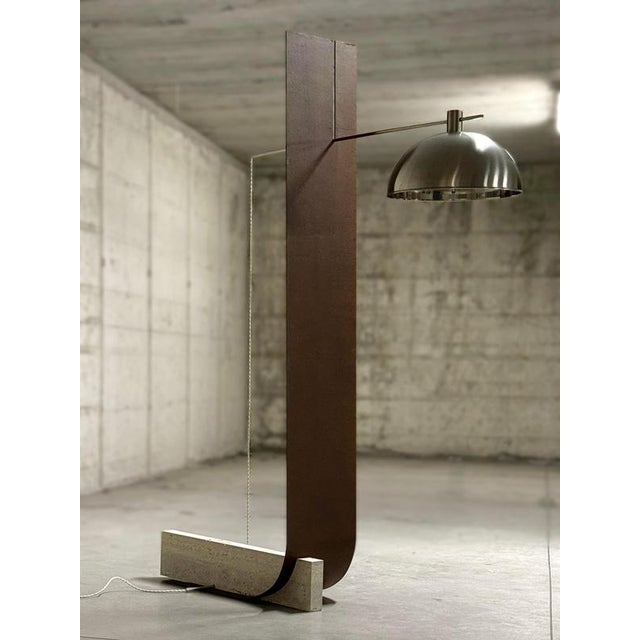 Equo x floor lamp in bent iron, stainless steel & travertine by d´ark atelier unique piece dimensions: d 30 x w 70 x h 170...
