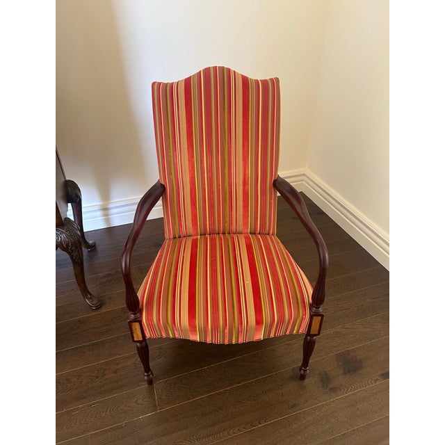 Traditional Late 20th Century Pair of Traditional High-Back Armchairs With Red & Gold Striped Upholstery – Carved Wood Frames For Sale - Image 3 of 3