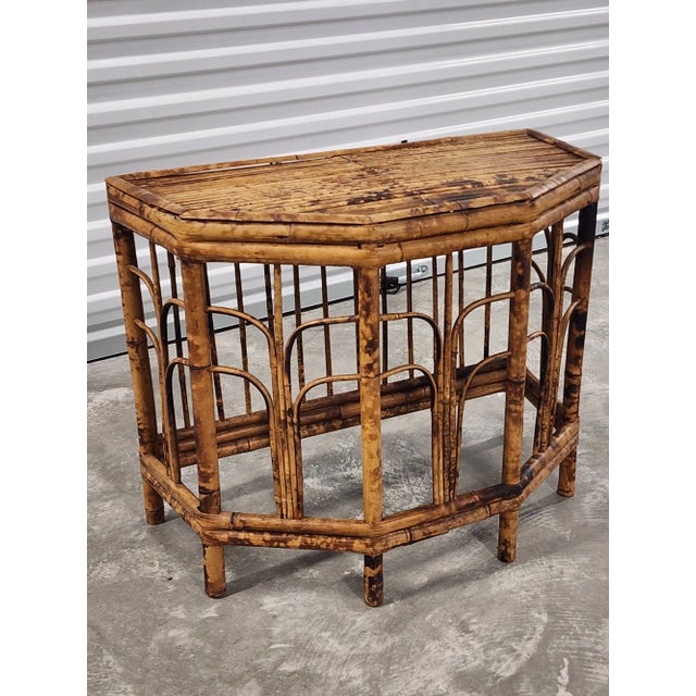 Boho Chic Mid Century Burnt Bamboo Demi-Lune Table For Sale - Image 3 of 13