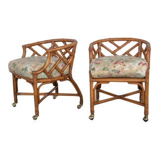 Vintage Chinese Chippendale Rattan Rolling Accent Chairs Wicker by Henry Link - a Pair For Sale