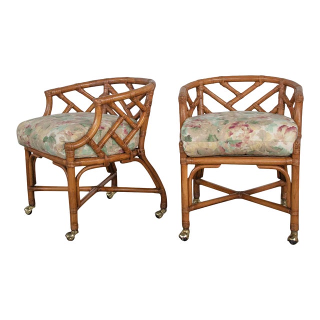 Vintage Chinese Chippendale Rattan Rolling Accent Chairs Wicker by Henry Link - a Pair For Sale