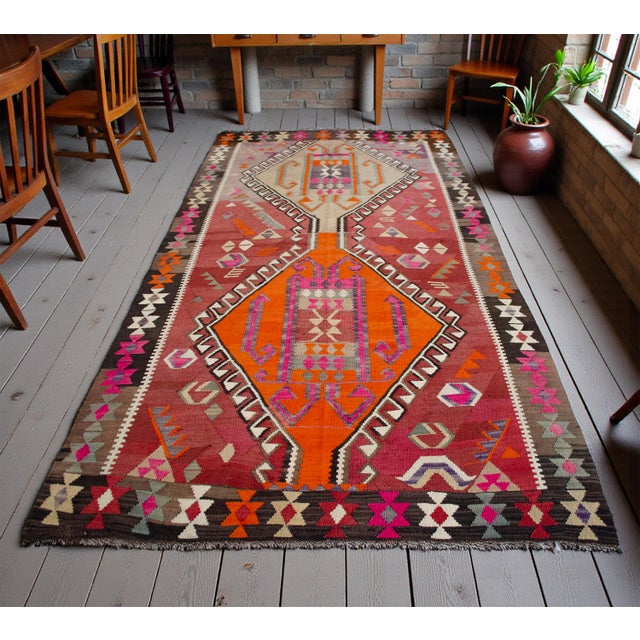 Turkish 5x11 Turkish Rug, Handwoven Wool Kilim in Muted Red & Bright Orange, Eastern Anatolian Tribal Art, Rustic Farmhouse Decor For Sale - Image 3 of 16