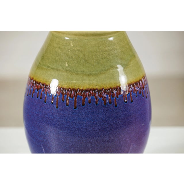Artisan Purple and Olive Green Glazed Ceramic Ovoid Vase with Drip Detail For Sale - Image 9 of 12