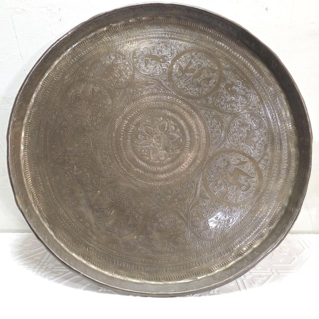 1900s Antique Indian Brass Tray Large 19 Inch Engraved Benares Coffee Table Charger For Sale - Image 9 of 12