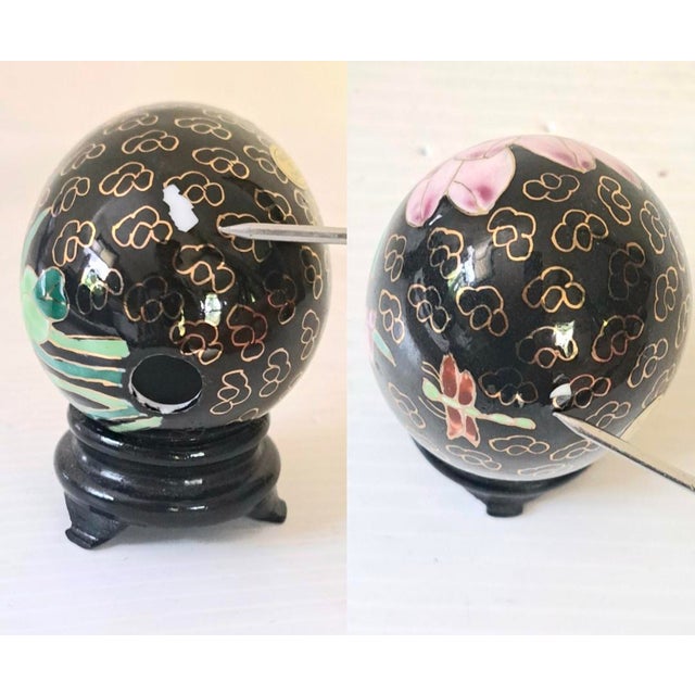 Vintage Chinese Cloisonné Enamel Floral Eggs W/Black Stands Set of 4 For Sale - Image 14 of 14
